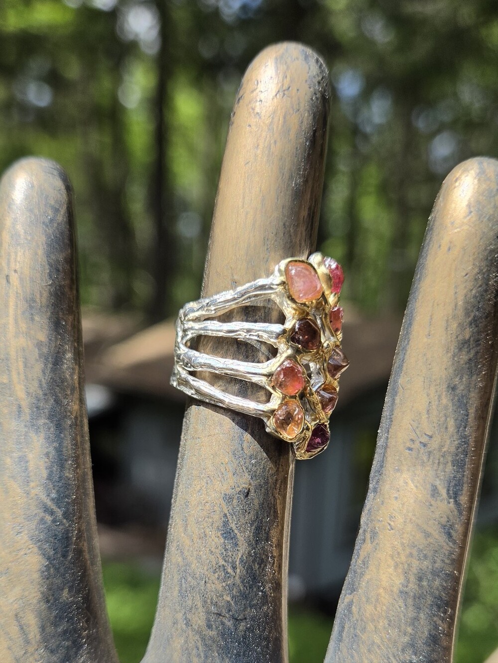 Tourmaline Natural Multi Color Sterling & Gold Finger Cuff Sz7 - Picture 5 of 8